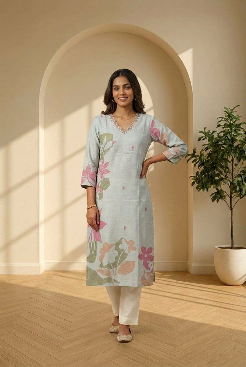 Linen Floral Printed Straight Kurta
