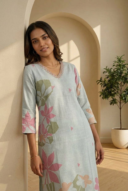 Linen Floral Printed Straight Kurta