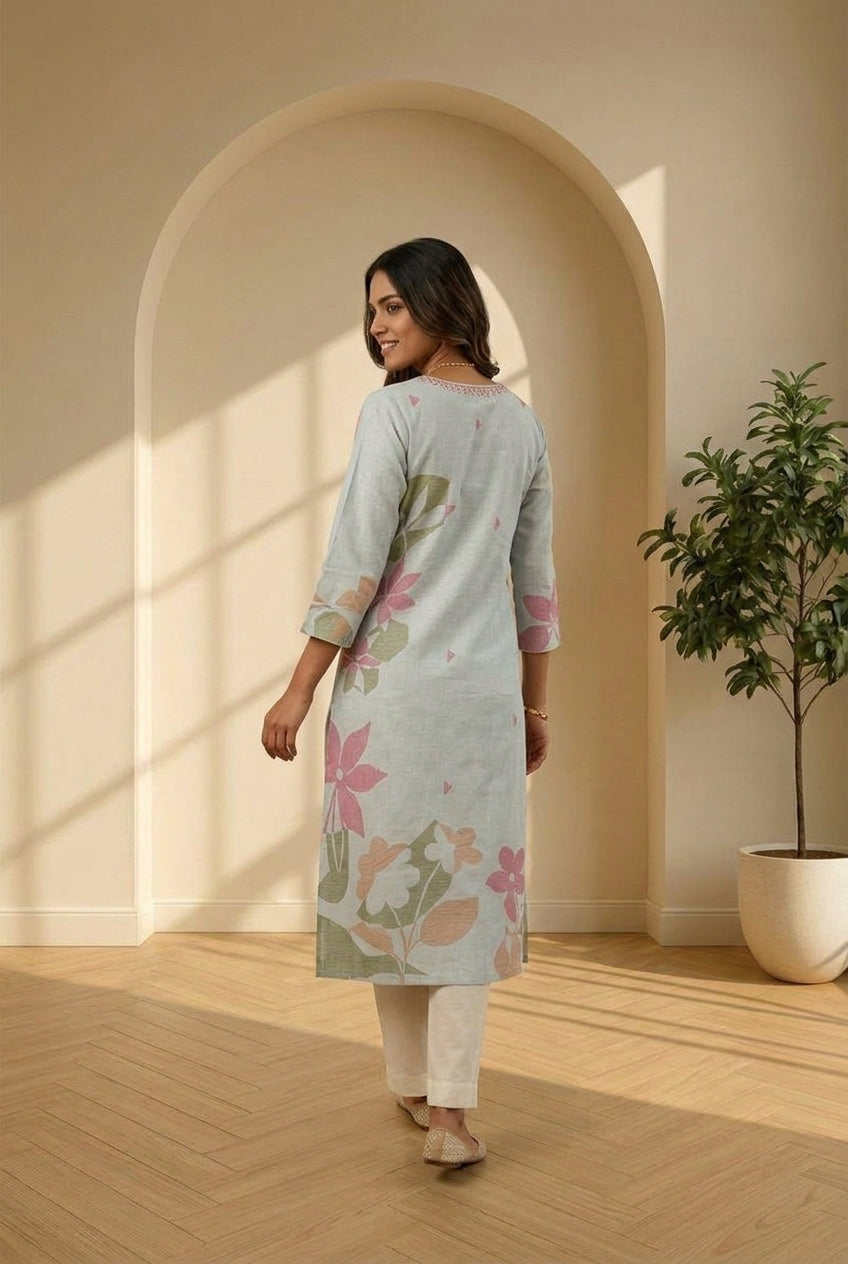Linen Floral Printed Straight Kurta
